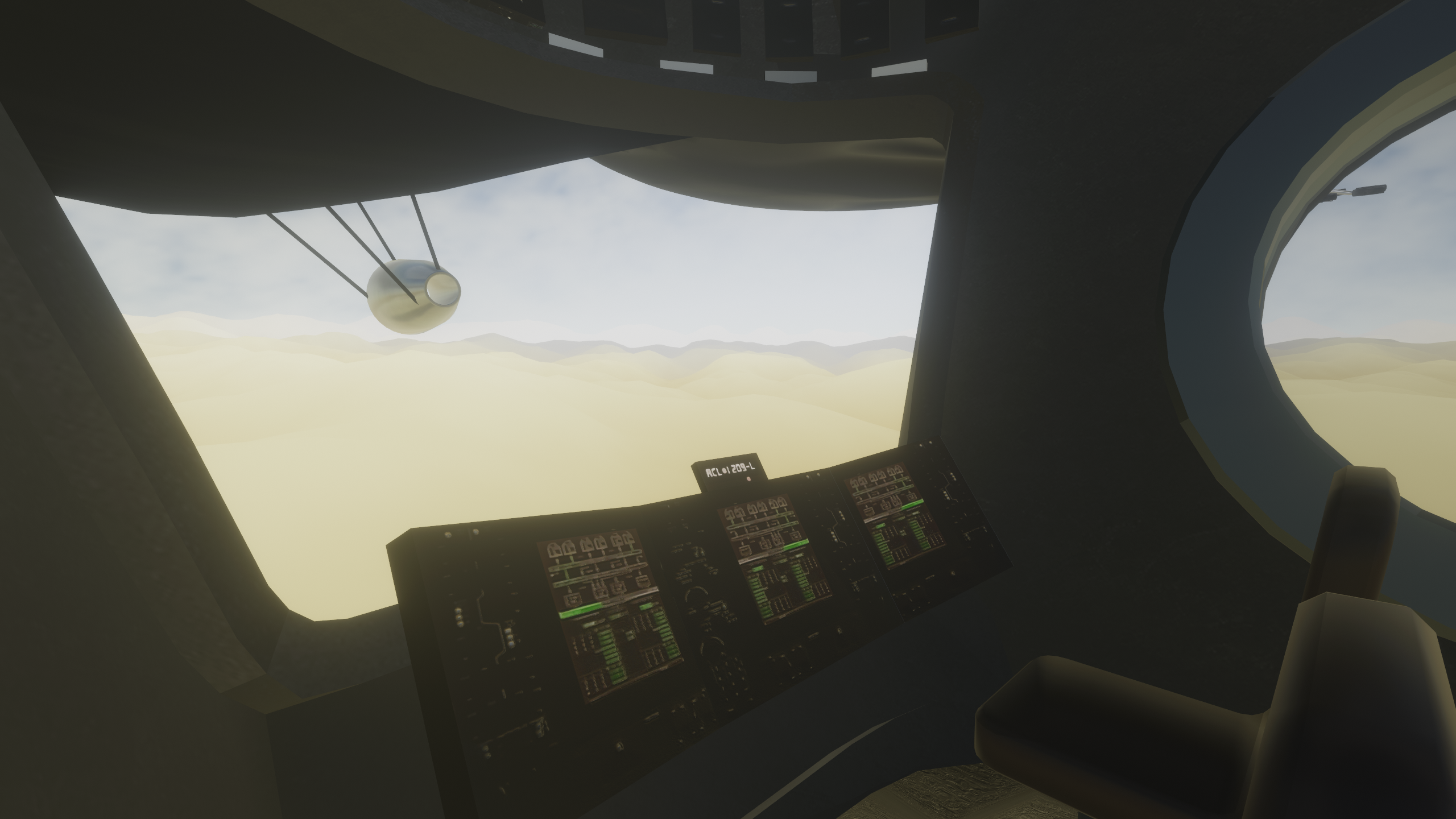 A view of the cockpit of a blimp, overlooking the Venusian clouds outside.